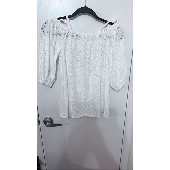 MICHAEL KORS WHITE EYELET SHORT SLEEVE BLOUSE SZ XS NEW P1-22 - Picture 7 of 10
